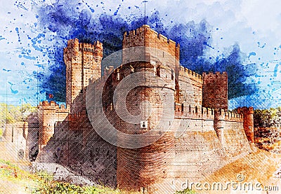 Graphical wide angle view of corner of Castillo de la Mota in Medina del Campo, Castille, Spain. Stock Photo