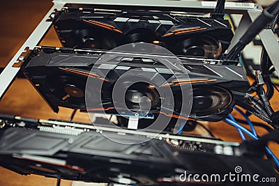 Graphics cards mining rig used for mining online crypto currencies Stock Photo