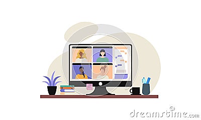 Colleagues talk to each other on the laptop screen. Conference video call, working from home Vector Illustration