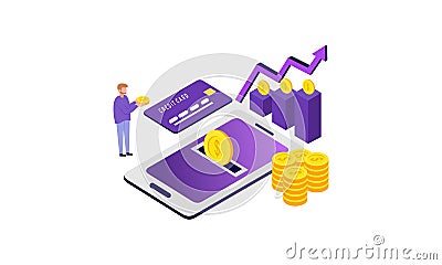 Isometric receipt of statistics data, notification on financial transaction, mobile bank, a smartphone with a paper bill. Applicat Vector Illustration
