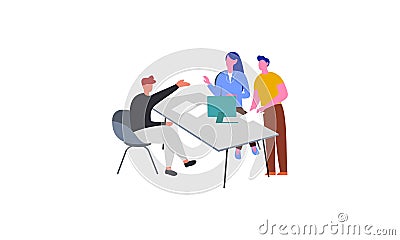 Group of office workers sitting at desks and communicating or talking to each other. Dialogs or conversations between colleagues o Stock Photo