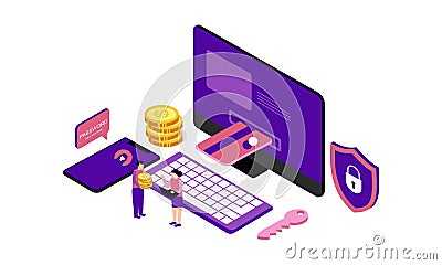 Isometric receipt of statistics data, notification on financial transaction, mobile bank, a smartphone with a paper bill. Applicat Vector Illustration