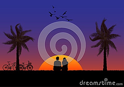 Graphics drawing couple boy and girl sit with palm and bike and sunset or sunrise background vector illustration concept romantic Stock Photo