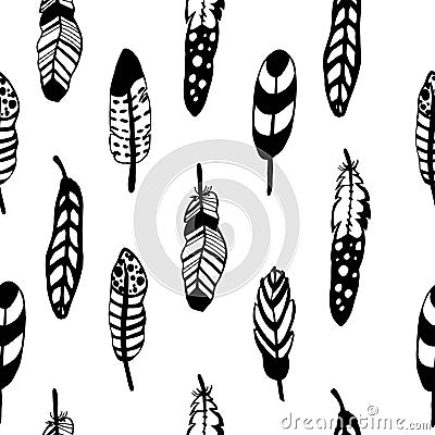 Graphics hand-drawn feather seamless pattern Vector Illustration