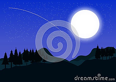 Graphics image landscape view forest tree mountain silhouette twilight with moon vector illustration Vector Illustration