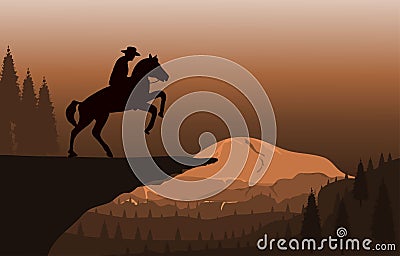 Graphics image the man ride horse on mountain silhouette twilight with mountain background, design Vector Illustration