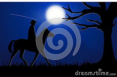 Graphics image the man ride horse silhouette twilight is a moon to night with mountain background, design Cartoon Illustration