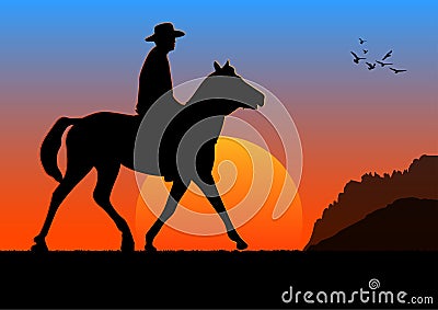 Graphics image the man ride horse with silhouette twilight is a sunset vector illustration Vector Illustration