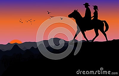 Graphics image the man and women ride horse on mountain silhouette twilight is a sunset background, design Cartoon Illustration