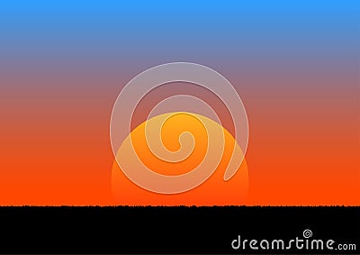 Graphics image sunset or sunrise with orange and blue of sky with grass on ground vector illustration Stock Photo