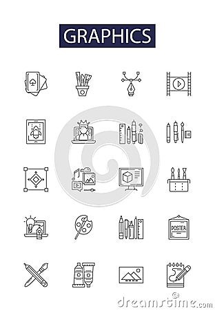 Graphics line vector icons and signs. Design, Art, Vector, Rendering, Imaging, Illustration, Modeling, Shapes outline Vector Illustration