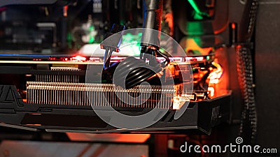 Graphics processing unit with neon light. LED Light, CPU Cooler Stock Photo