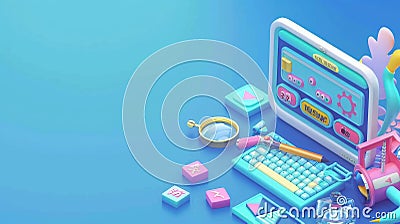 Graphik landing page for service for keyword optimization and keyword research with isometric website interface on blue Stock Photo