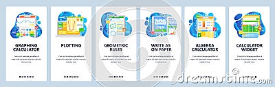 Graphing calculator, math equation, geometry figures, algebra calculator, plotting. Mobile app onboarding screens Vector Illustration