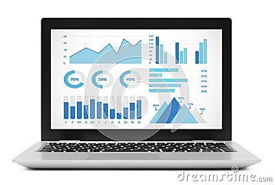 Graphs and charts elements on laptop computer screen Stock Photo