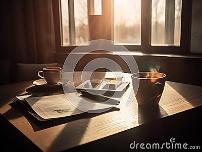 Graphs and Coffee: Early Morning Financial Analysis Stock Photo