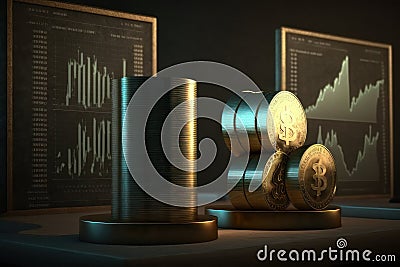 Graphs of the exchange rate and stacks of gold coins. AI generative Stock Photo