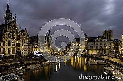 Graslei Harbor in Gent at Night Stock Photo