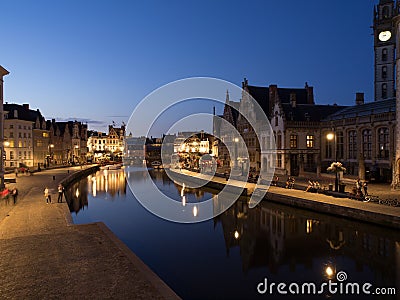 Graslei At Night in Ghent, Belgium Stock Photo