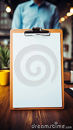 Grasp of professionalism Hand holds clipboard mock up in detailed close up Stock Photo