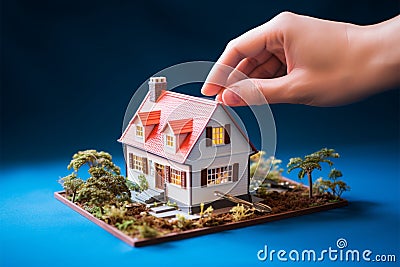 Grasping keys and a miniature house, homeownership in hand Stock Photo
