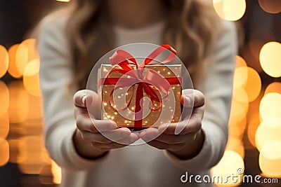 Grasping time gifts, girls' hands embrace a precious gift box. Treasuring memories. Stock Photo
