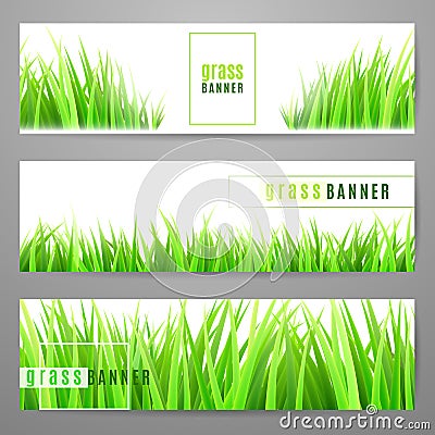 Grass banner set with fresh green tufts isolated on white background Vector Illustration