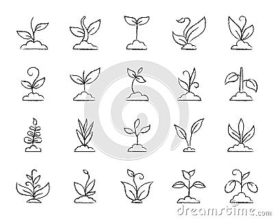 Grass charcoal draw line icons vector set Vector Illustration