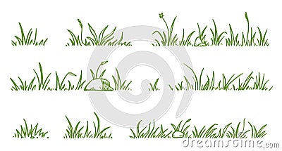 Grass doodle sketch style set. Hand drawn green grass field outline scribble background. Sprout, flower, clover elements Vector Illustration