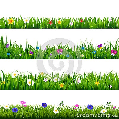 Grass And Flowers Border Set Vector Illustration