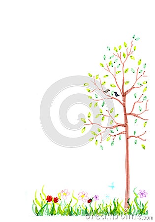 Grass, flowers, butterfly, tree illustration background Cartoon Illustration