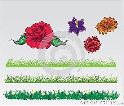 Grass and flowers pack Cartoon Illustration