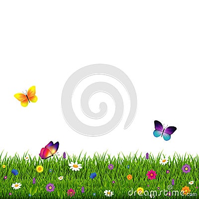 Grass And Flowers White Background Vector Illustration