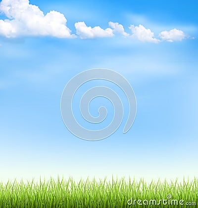 Grass lawn with clouds on blue sky Vector Illustration