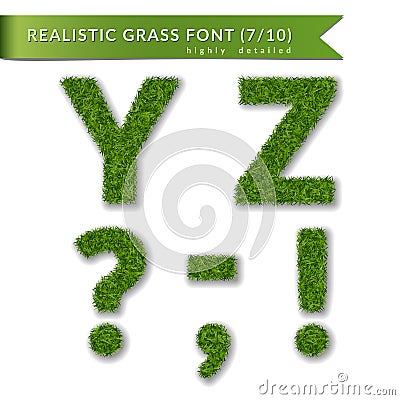 Grass letters Y, Z, question, exclamation mark, coma, apostrophe, minus hyphen dash symbol. Set alphabet 3D design Vector Illustration