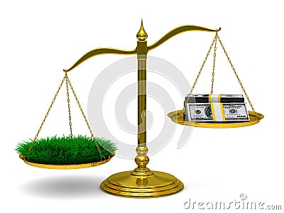 Grass and money on scales. Isolated 3D Stock Photo