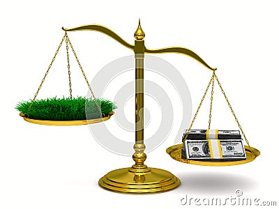 Grass and money on scales. Isolated 3D Stock Photo