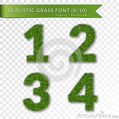 Grass numbers 1 2 3 4. Green numbers one, two, three, four isolated on white transparent background. Green grass, fresh Vector Illustration