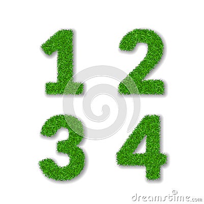 Grass numbers 1 2 3 4. Green numbers one, two, three, four isolated on white background. Green grass 3D, symbol of fresh Vector Illustration