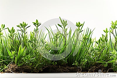 Grass and other plants in soil white isolated cutout element Stock Photo