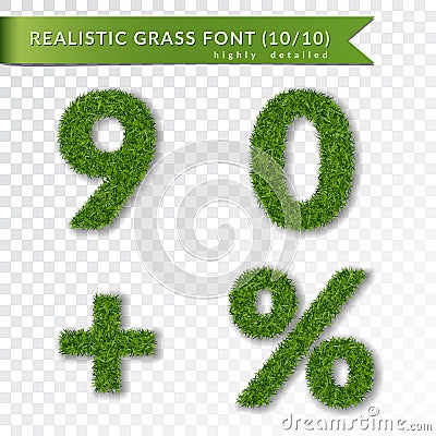 Grass percent, nine, zero, plus set. Green symbols, isolated on white transparent background. Green grass 3D numbers Vector Illustration