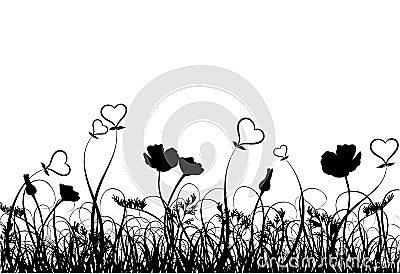 Grass, poppy and heart, vector Vector Illustration