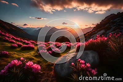 a grass with rhododendron blooms scattered around big stones. Sunrise over a mountain range with an intriguing sky and clouds. Stock Photo