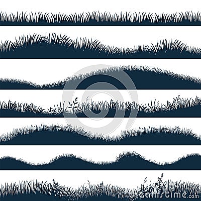 Grass silhouette. Horizontal hills with plants and weed, cartoon wavy meadow and grassland. Vector black marsh set Vector Illustration