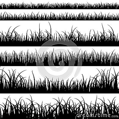 Grass silhouettes. Panorama black plants like fresh cane or weeds on plain and meadow landscape vector set Vector Illustration