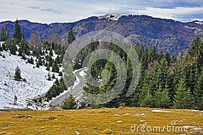 Grass snow and rocks on mountain top Stock Photo