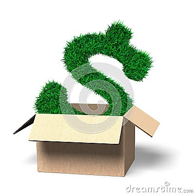 Grass texture dollar sign in open cardboard box, 3D illustration Cartoon Illustration