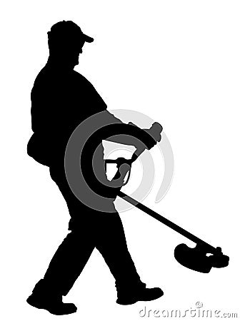 Grass trimmer worker silhouette. Cartoon Illustration