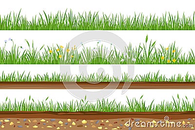 Grass with underground soil layer and rocks seamless borders. Meadow field with flowers and ears. Ground dirt, land Vector Illustration