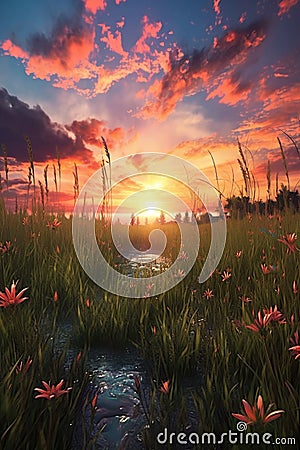 grass and wildflowers under a dreamy sunset sky Stock Photo